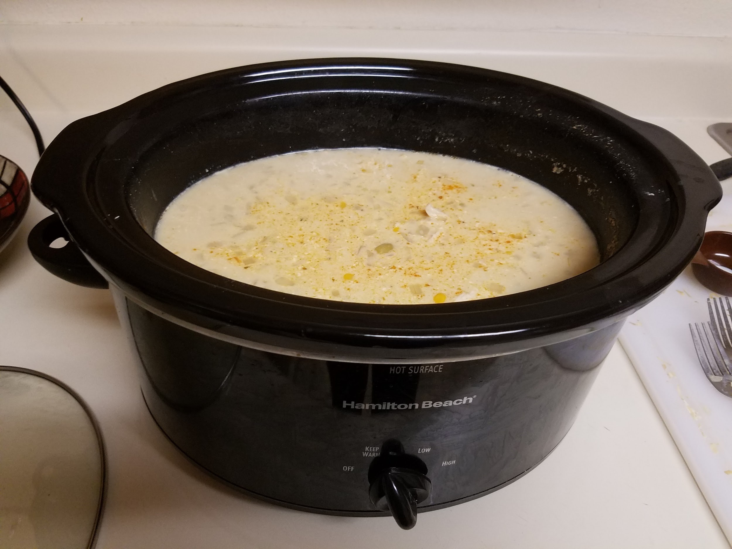 White Chicken Chili ready to serve from crockpot