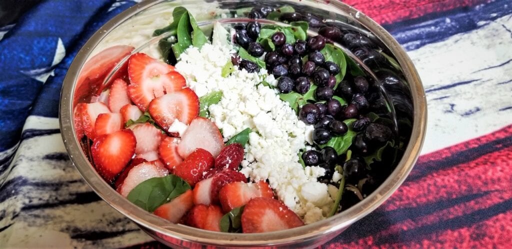 Red White and Blue Salad with Strawberries, Feta Cheese, Spinach, and Blueberries