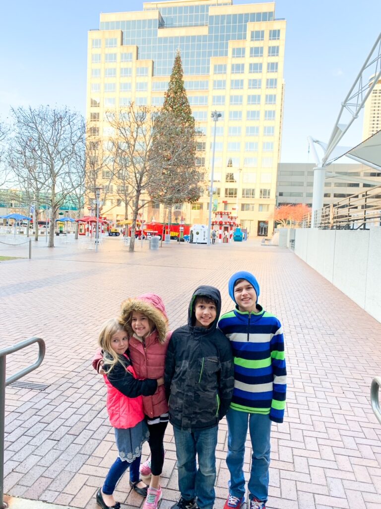 children in front of Crown Center in Kansas City Missouri