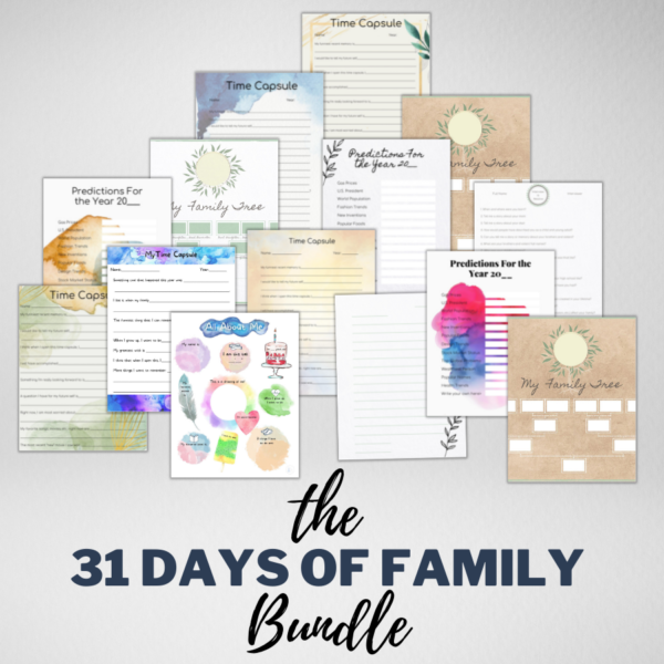 pictures of the pdfs included in the 31 Days of Family bundle