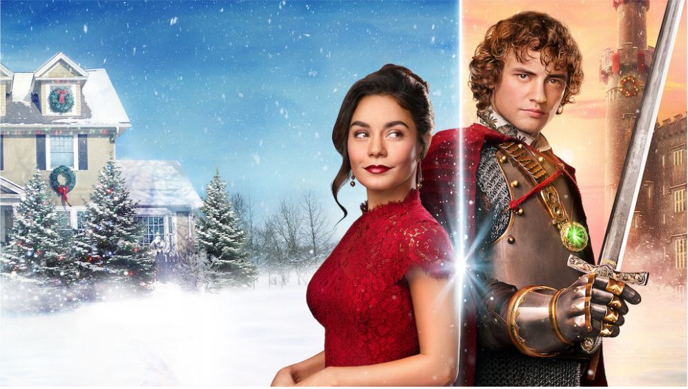 A woman in red stands back to back with a knight from the 14th-century in the Netflix holiday romance The Knight Before Christmas, starring Vanessa Hudgens