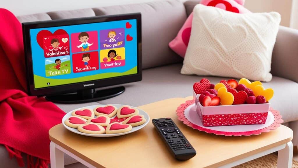 Valentine snacks with tv and remote for watching Valentine Shows with Kids